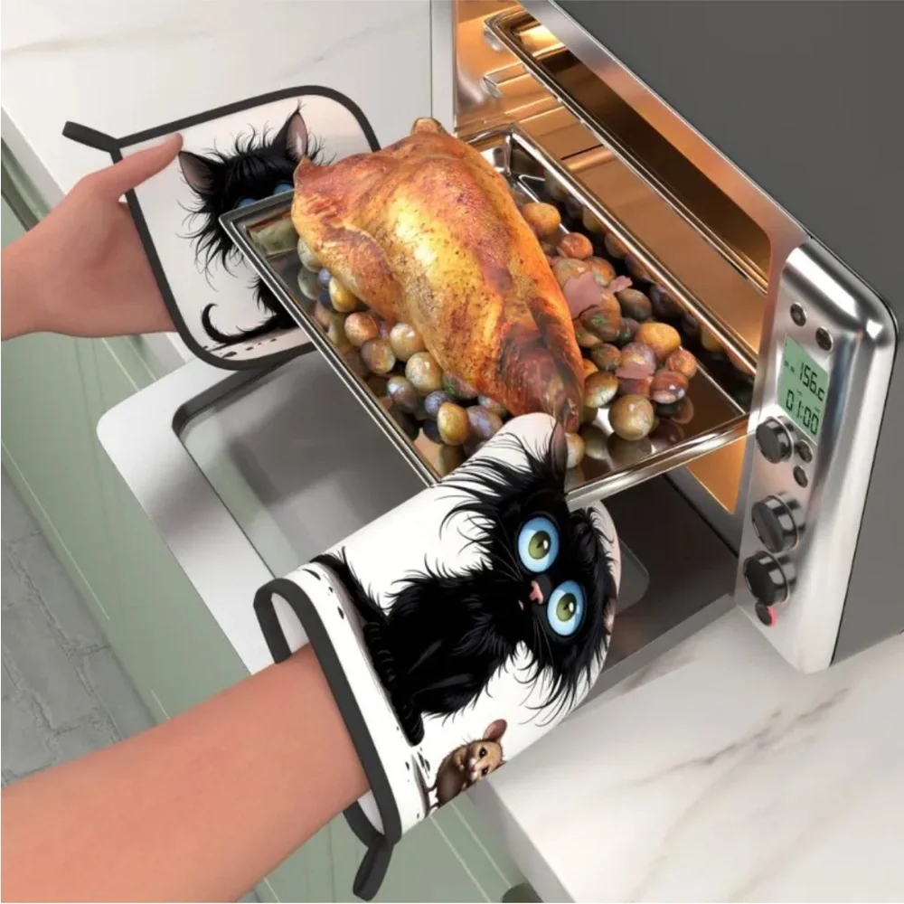 Cute Black Cat w Brown Mouse Oven Mitt and Pot Holder Set